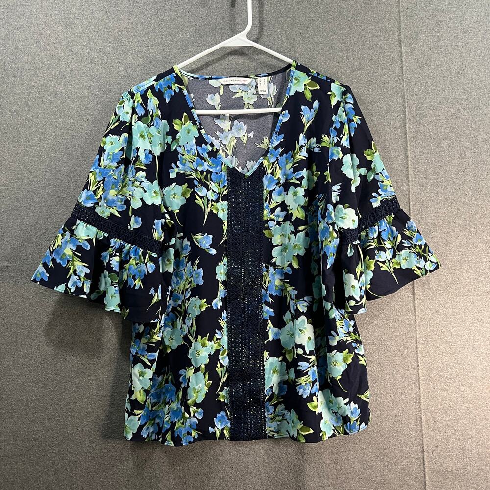 Isaac Mizrahi Live! Printed Stretch Crepe Blouse Navy, Medium